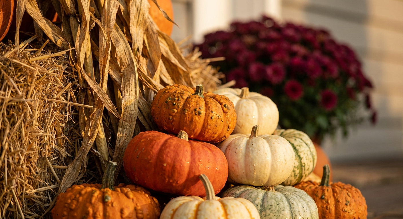 AI-generated close-up preview of pumpkins, gourds, cornstalks, straw bale and mums arranged together