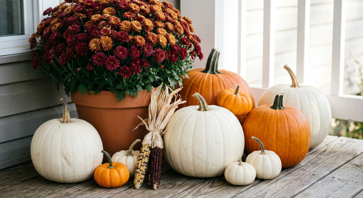 AI-generated close-up preview of white and orange pumpkins beside a mum plant and Indian corn
