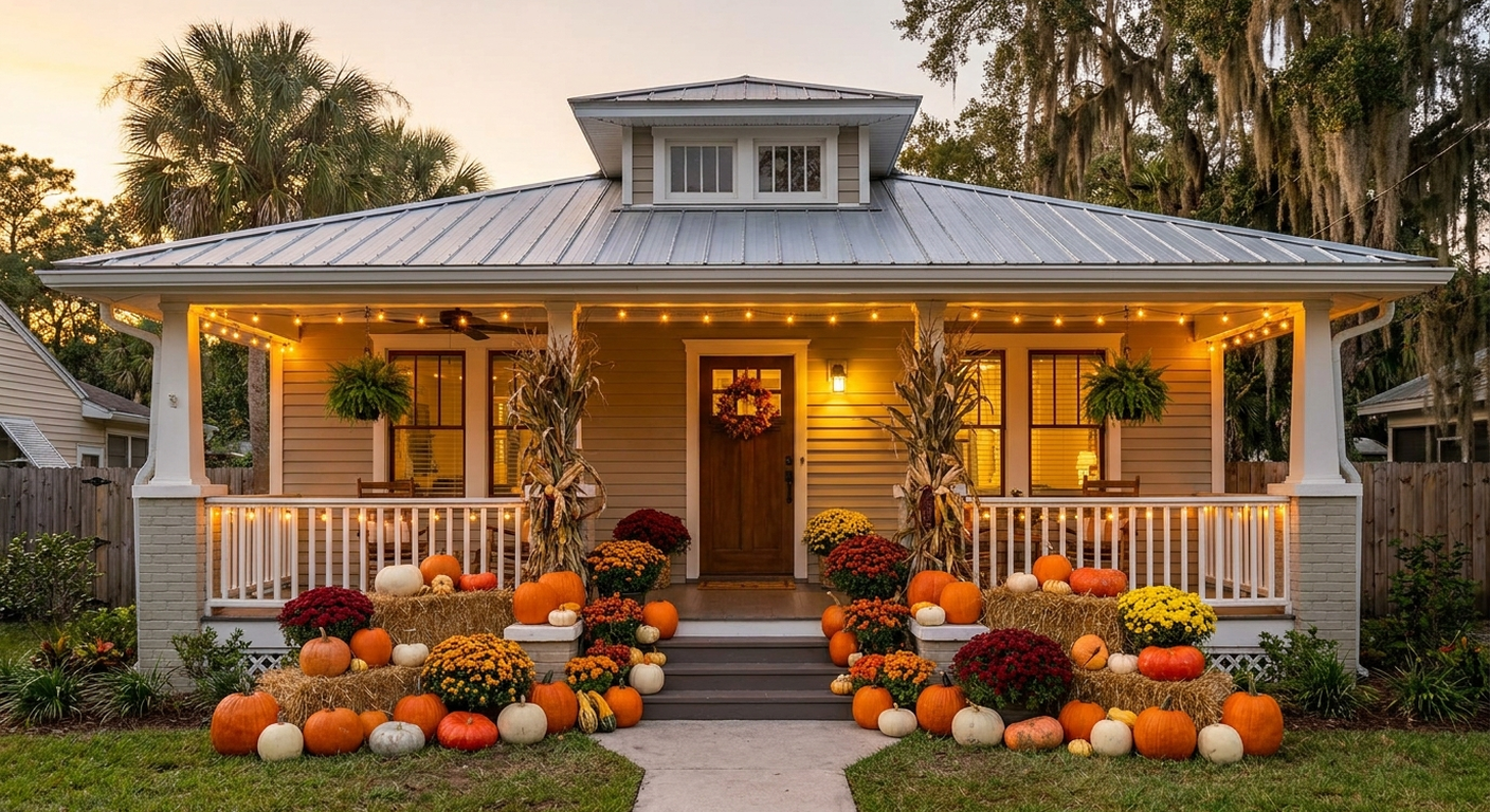 AI-generated preview: a Large package full porch pumpkin takeover at dusk with string lights, mums, hay bales and cornstalks