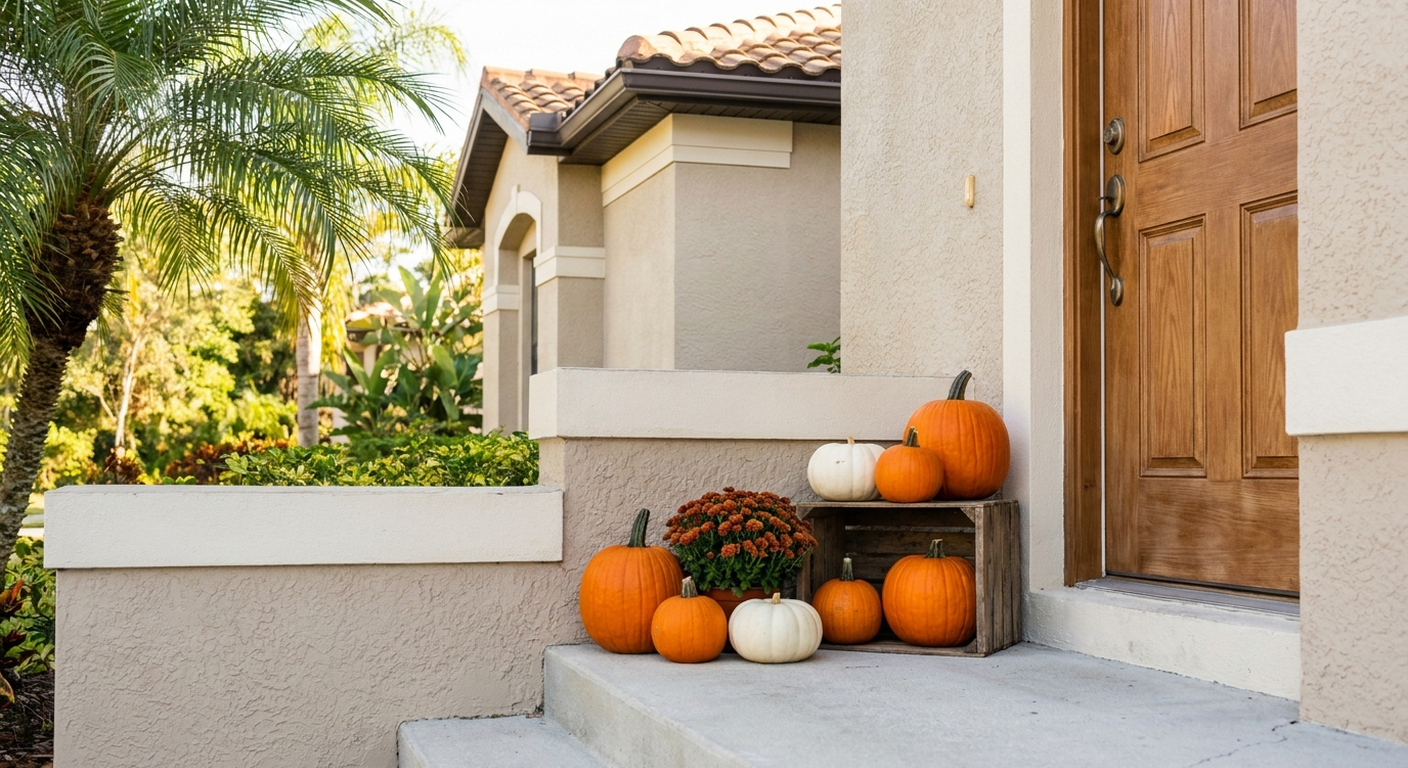 AI-generated preview: a Small package pumpkin display on a townhome doorstep in daytime sun