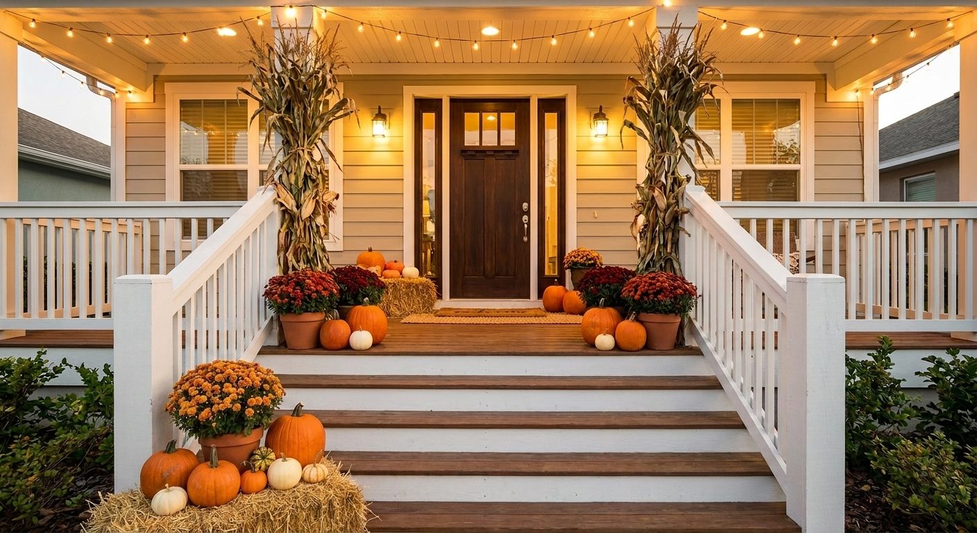 Preview of a pumpkin display on a Craftsman-style porch, Medium package